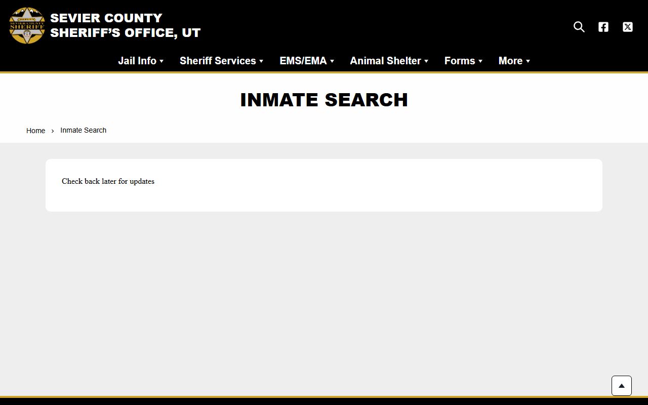 Sevier County inmate search page with no public roster records visible