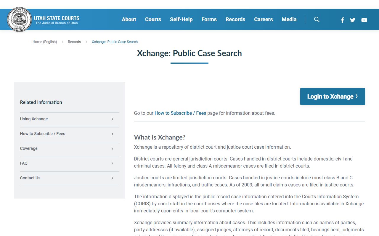 Utah Courts Xchange information page for court record coverage